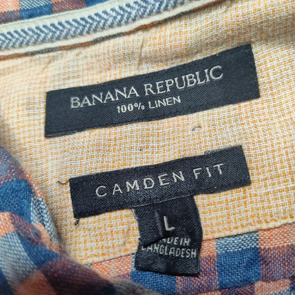 BANANA REPUBLIC CAMDEN FIT LINEN‎ Men Large Blue Orange Plaid Shirt EUC